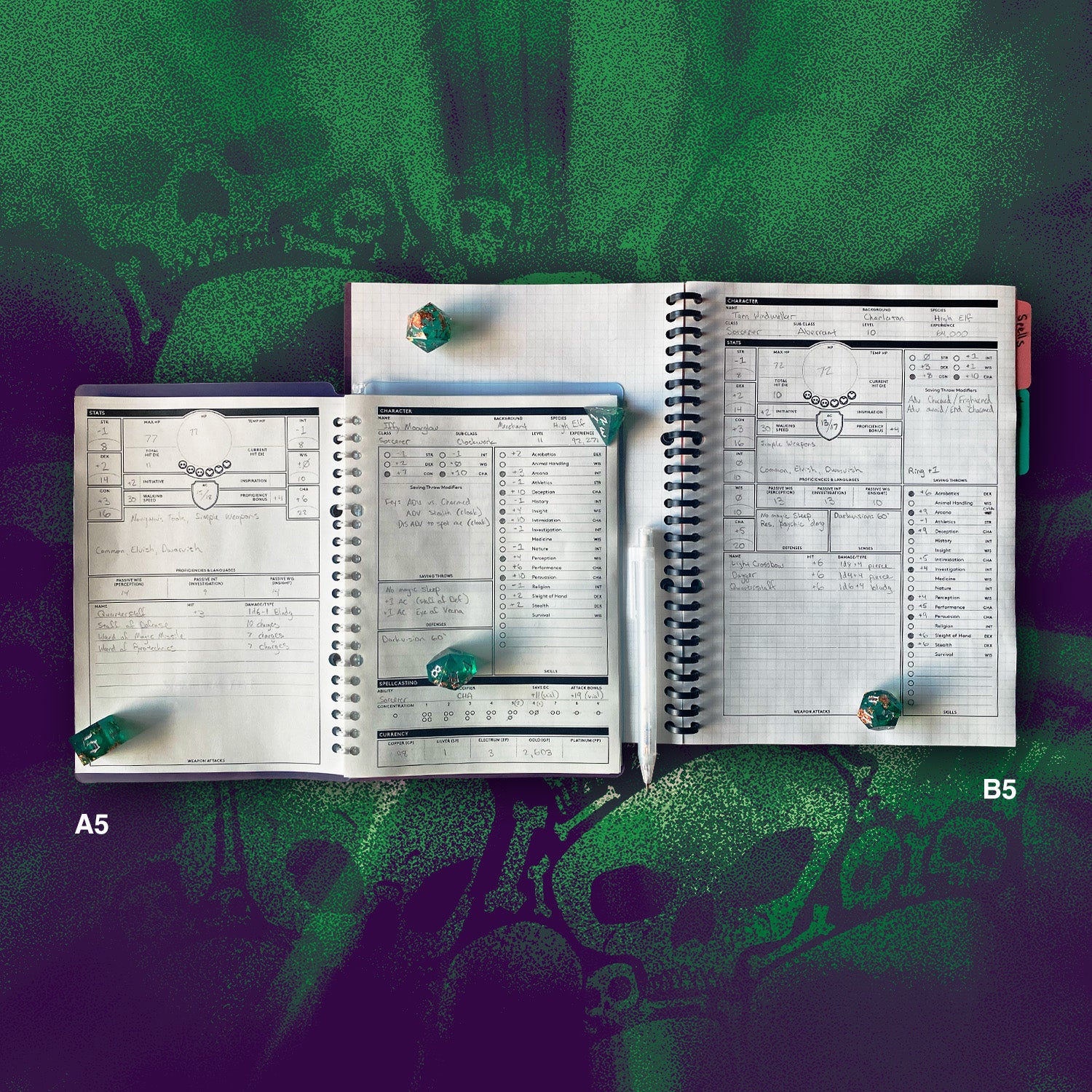 Open spiral-bound planner with different size options depicting a custom D&D character sheet