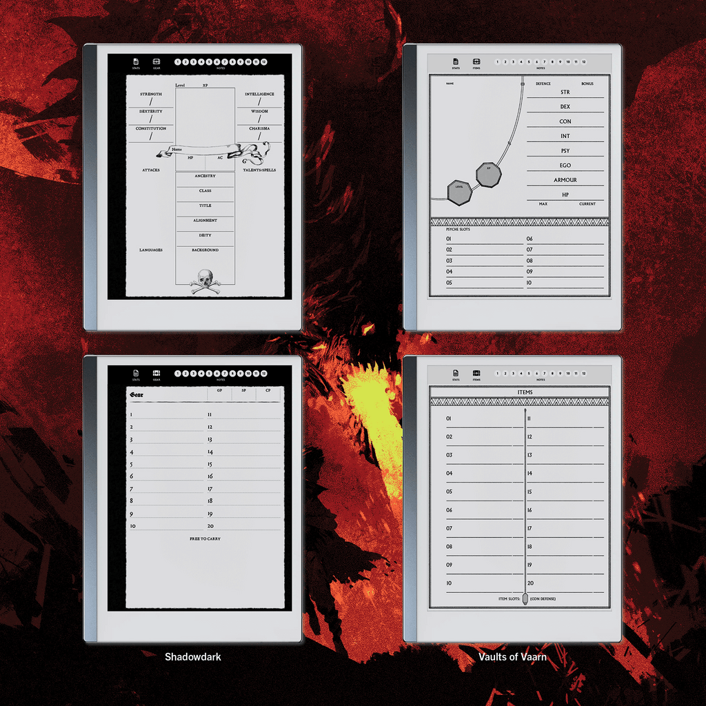 Indie RPG Character Sheets for Remarkable